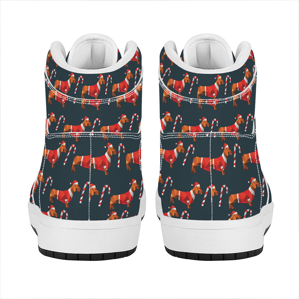 Xmas Dachshund Pattern Print High Top Leather Sneakers