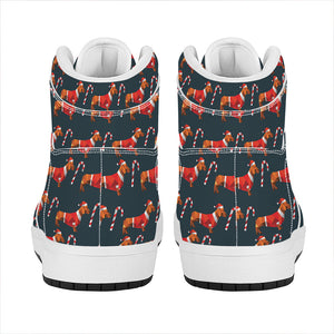 Xmas Dachshund Pattern Print High Top Leather Sneakers