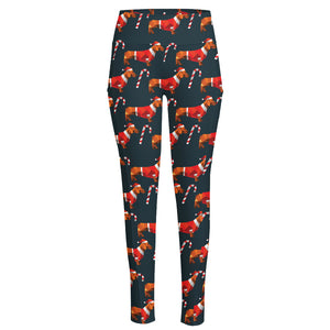 Xmas Dachshund Pattern Print High-Waisted Pocket Leggings