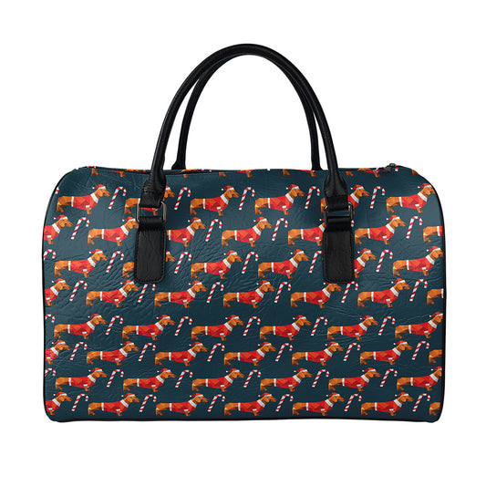 Xmas Dachshund Pattern Print Leather Duffle Bag
