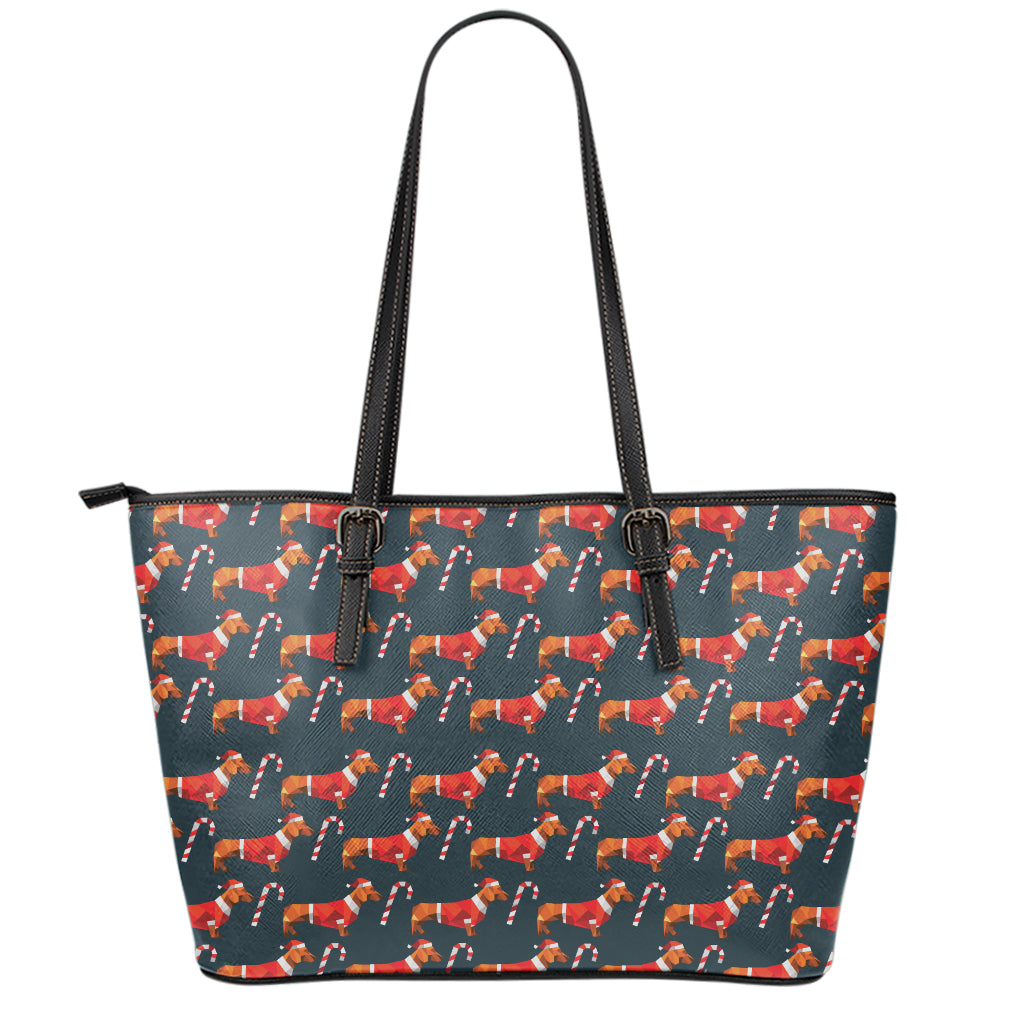 Xmas Dachshund Pattern Print Leather Tote Bag