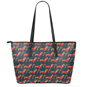 Xmas Dachshund Pattern Print Leather Tote Bag