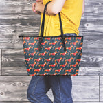 Xmas Dachshund Pattern Print Leather Tote Bag