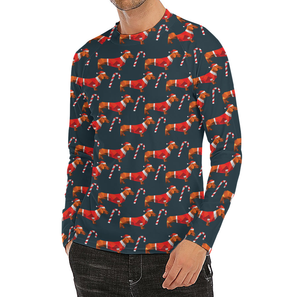 Xmas Dachshund Pattern Print Men's Long Sleeve Rash Guard