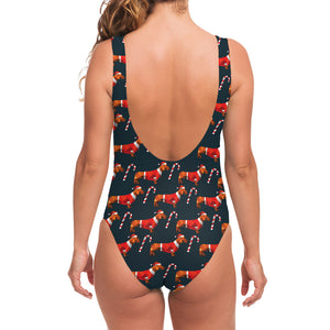 Xmas Dachshund Pattern Print One Piece Swimsuit