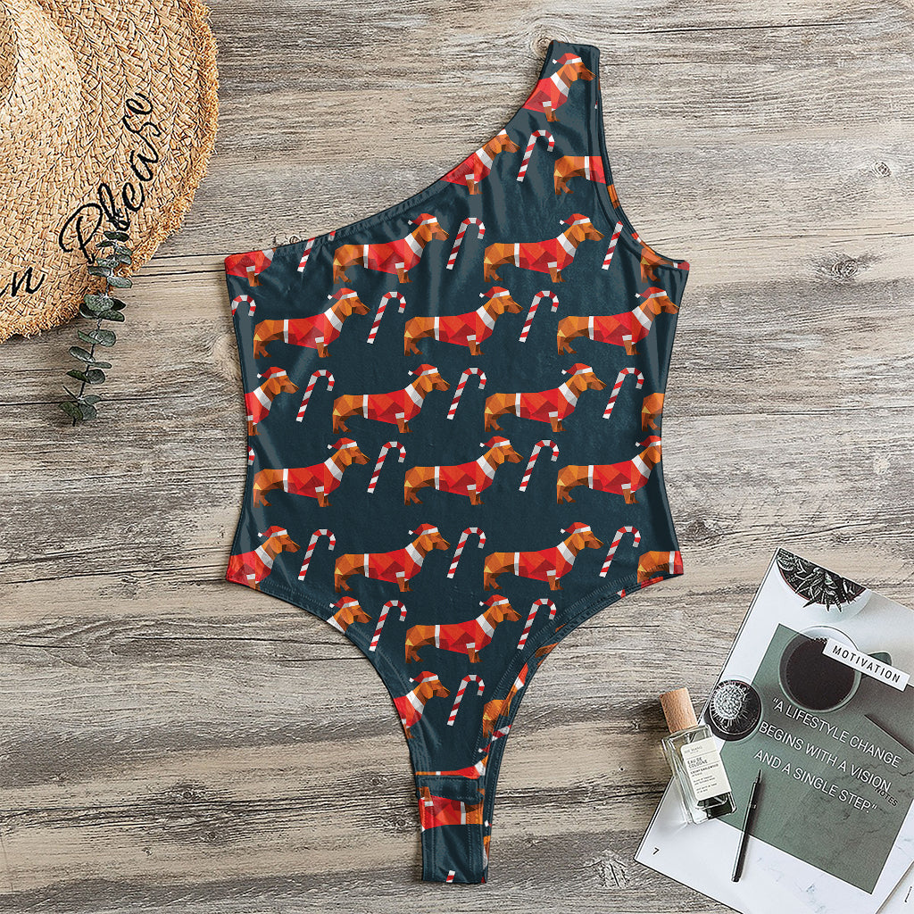 Xmas Dachshund Pattern Print One Shoulder Bodysuit