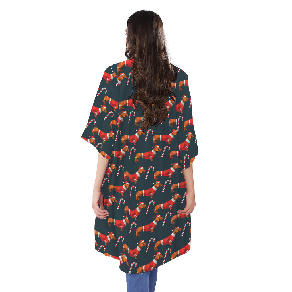 Xmas Dachshund Pattern Print Open Front Beach Cover Up