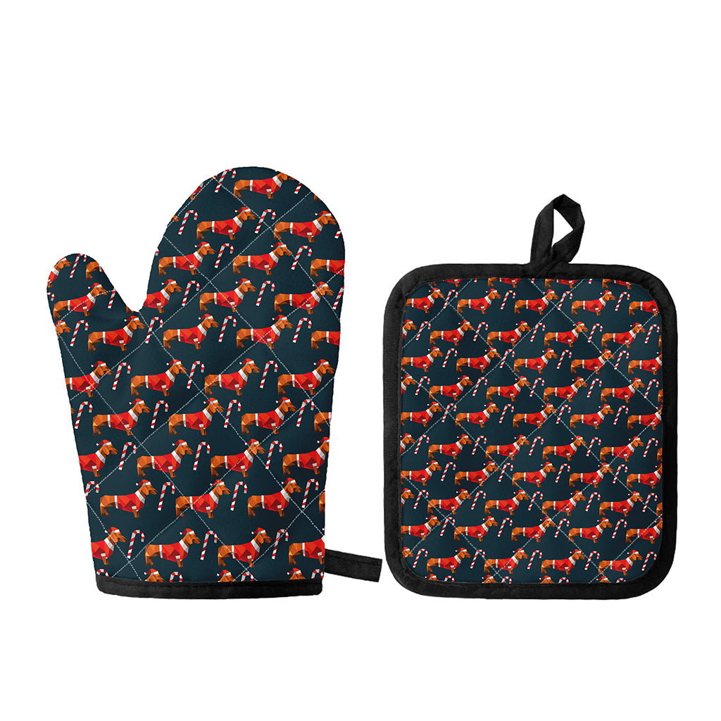 Xmas Dachshund Pattern Print Oven Mitt And Pot Holder Set