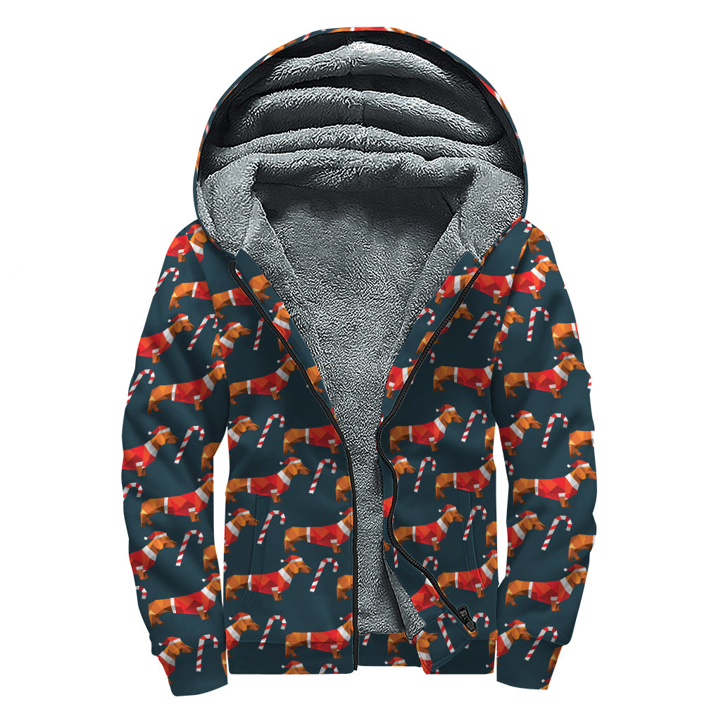 Xmas Dachshund Pattern Print Sherpa Lined Zip Up Hoodie