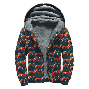 Xmas Dachshund Pattern Print Sherpa Lined Zip Up Hoodie