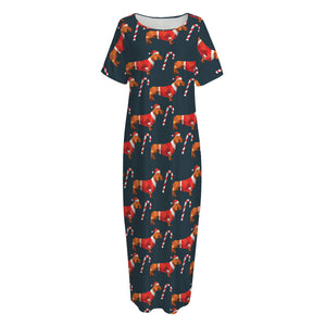 Xmas Dachshund Pattern Print Short Sleeve Long Nightdress