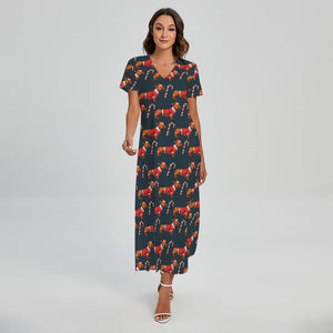 Xmas Dachshund Pattern Print Short Sleeve Maxi Dress