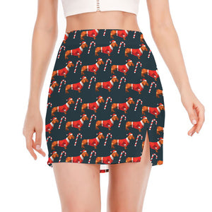 Xmas Dachshund Pattern Print Side Slit Mini Skirt