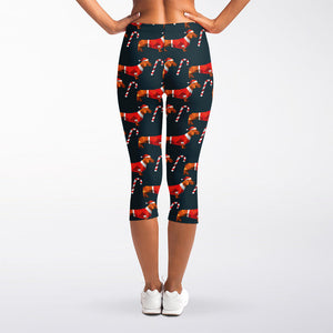 Xmas Dachshund Pattern Print Women's Capri Leggings