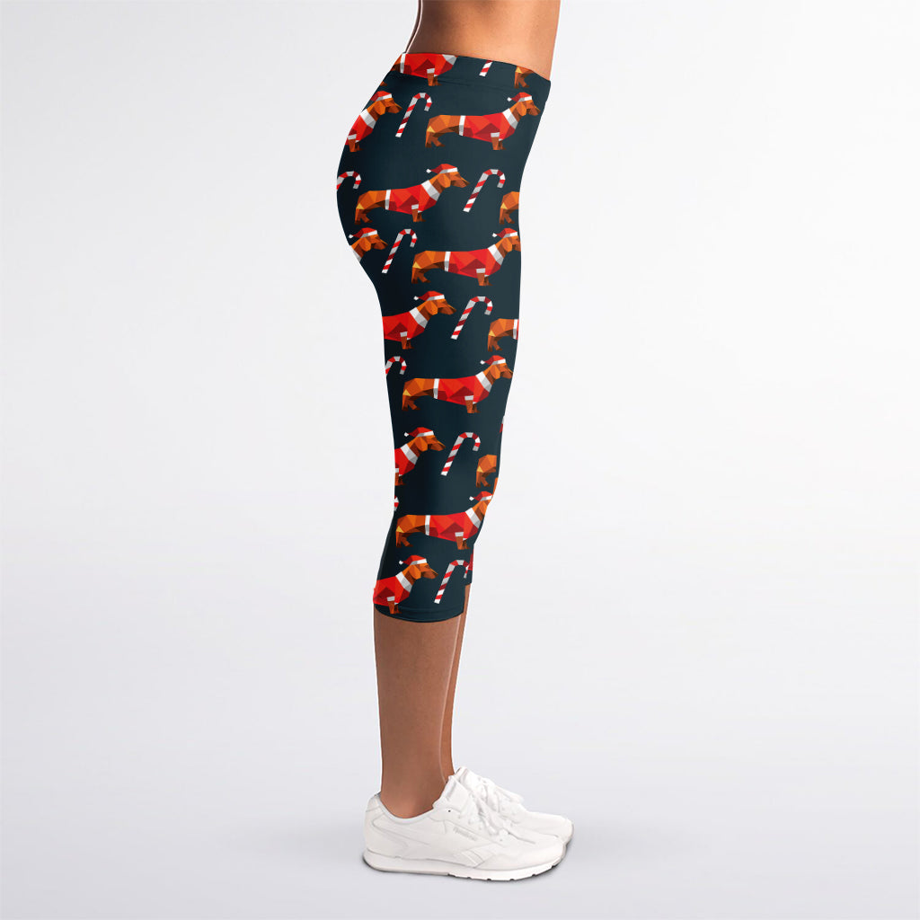 Xmas Dachshund Pattern Print Women's Capri Leggings