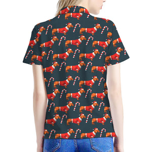 Xmas Dachshund Pattern Print Women's Polo Shirt