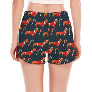 Xmas Dachshund Pattern Print Women's Split Running Shorts