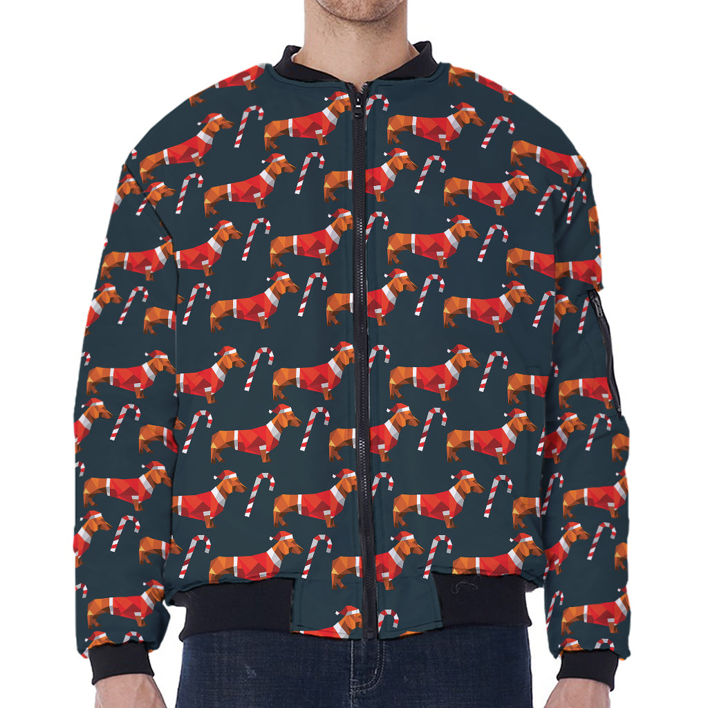 Xmas Dachshund Pattern Print Zip Sleeve Bomber Jacket