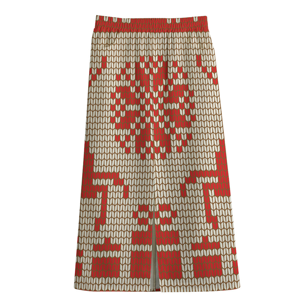 Xmas Deer Knitted Print Cotton Front Slit Maxi Skirt