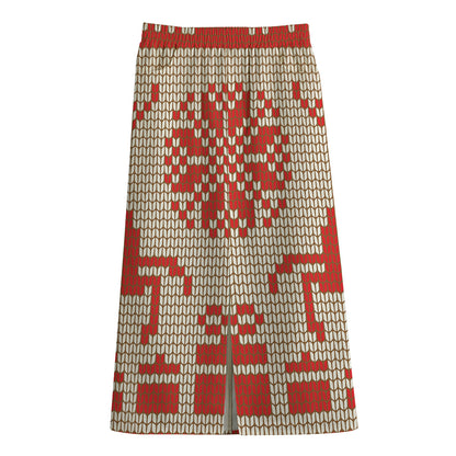 Xmas Deer Knitted Print Cotton Front Slit Maxi Skirt