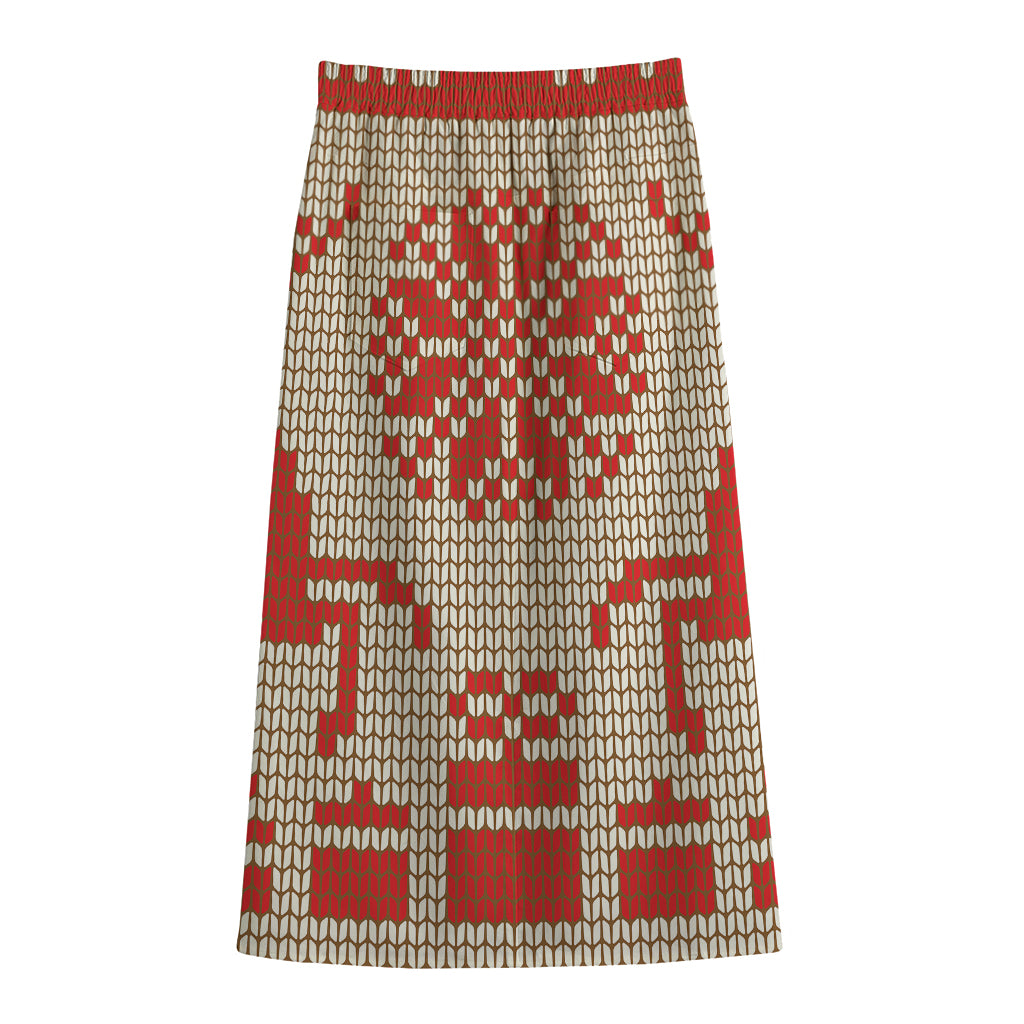 Xmas Deer Knitted Print Cotton Front Slit Maxi Skirt