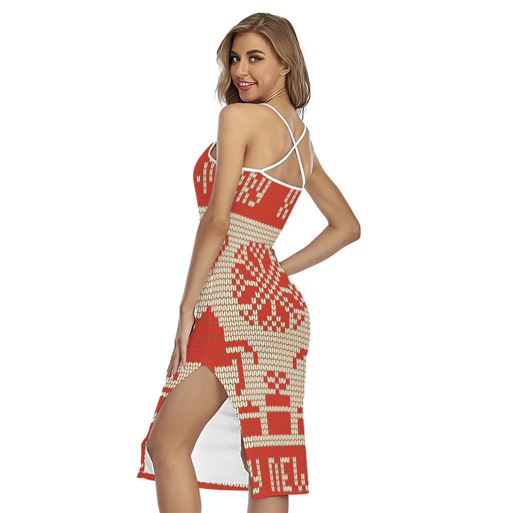 Xmas Deer Knitted Print Cross Back Cami Dress