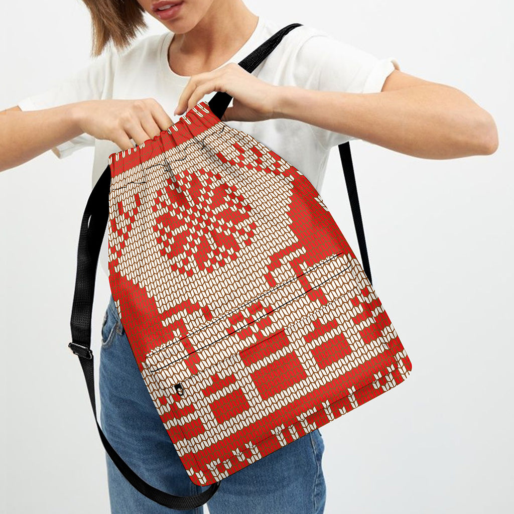 Xmas Deer Knitted Print Drawstring Backpack