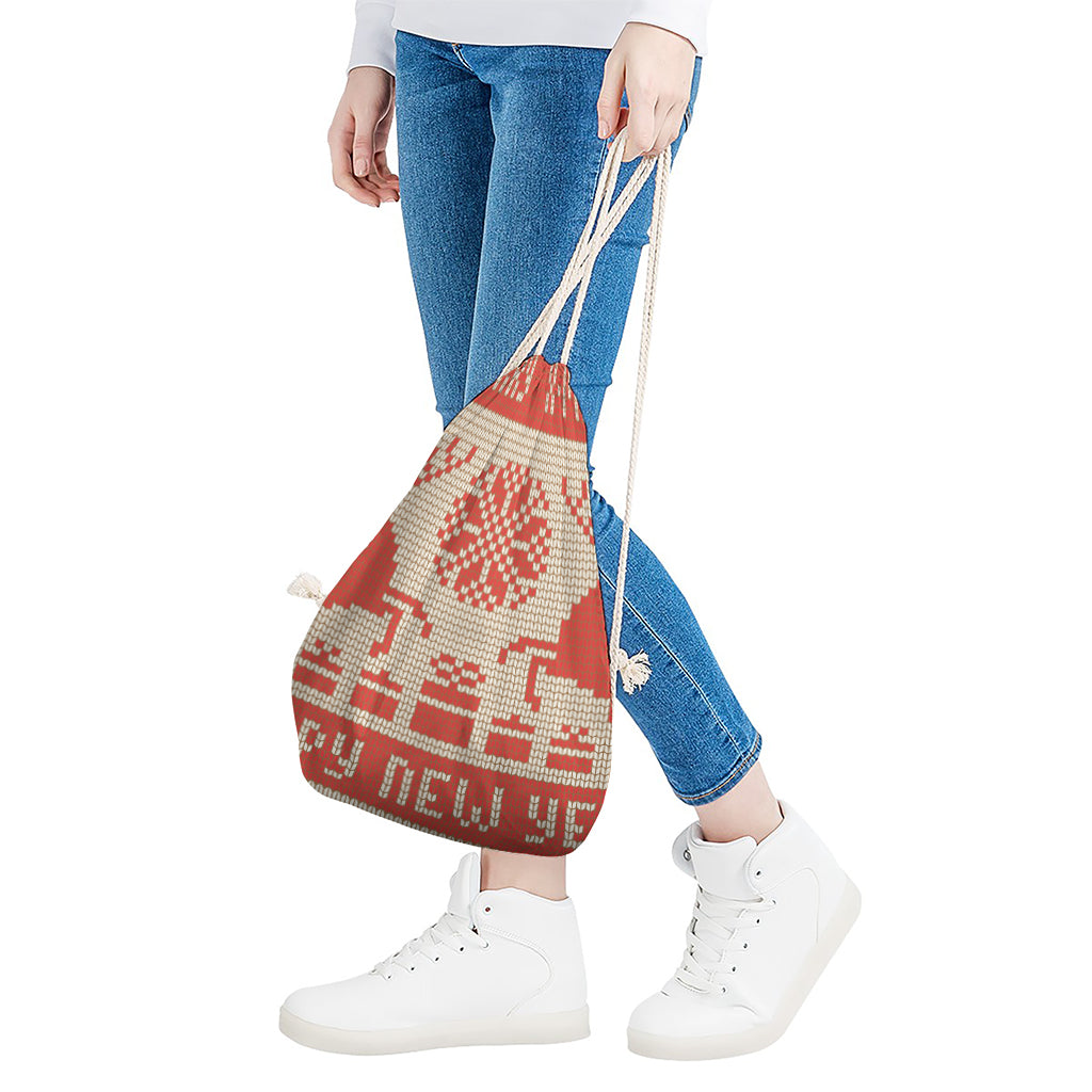 Xmas Deer Knitted Print Drawstring Bag