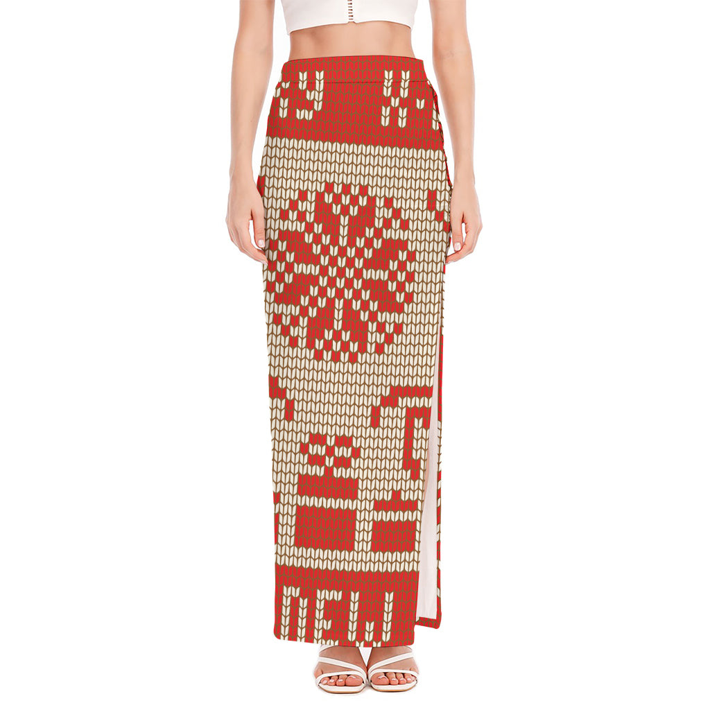 Xmas Deer Knitted Print High Slit Maxi Skirt