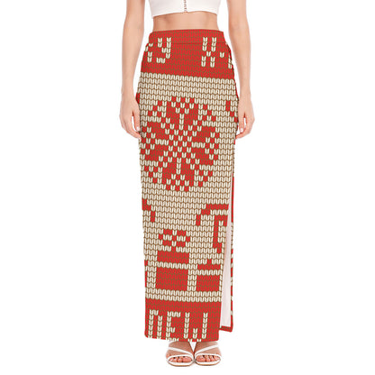 Xmas Deer Knitted Print High Slit Maxi Skirt