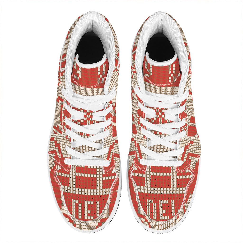 Xmas Deer Knitted Print High Top Leather Sneakers