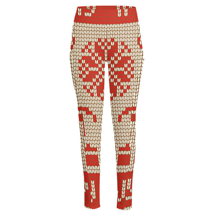 Xmas Deer Knitted Print High-Waisted Pocket Leggings
