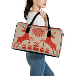 Xmas Deer Knitted Print Leather Duffle Bag