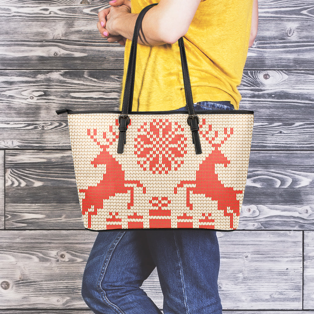 Xmas Deer Knitted Print Leather Tote Bag