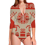 Xmas Deer Knitted Print Long Sleeve Swimsuit
