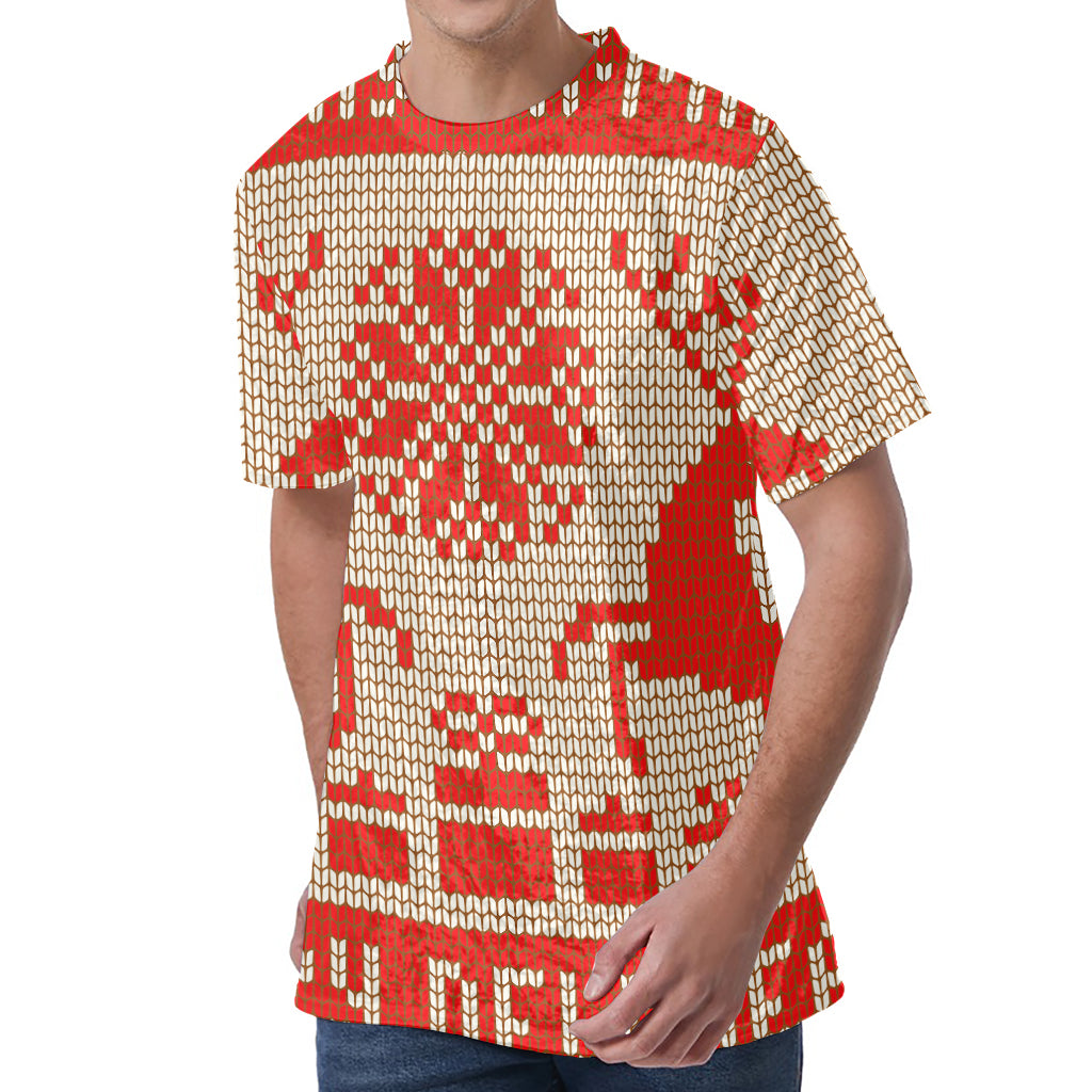 Xmas Deer Knitted Print Men's Velvet T-Shirt