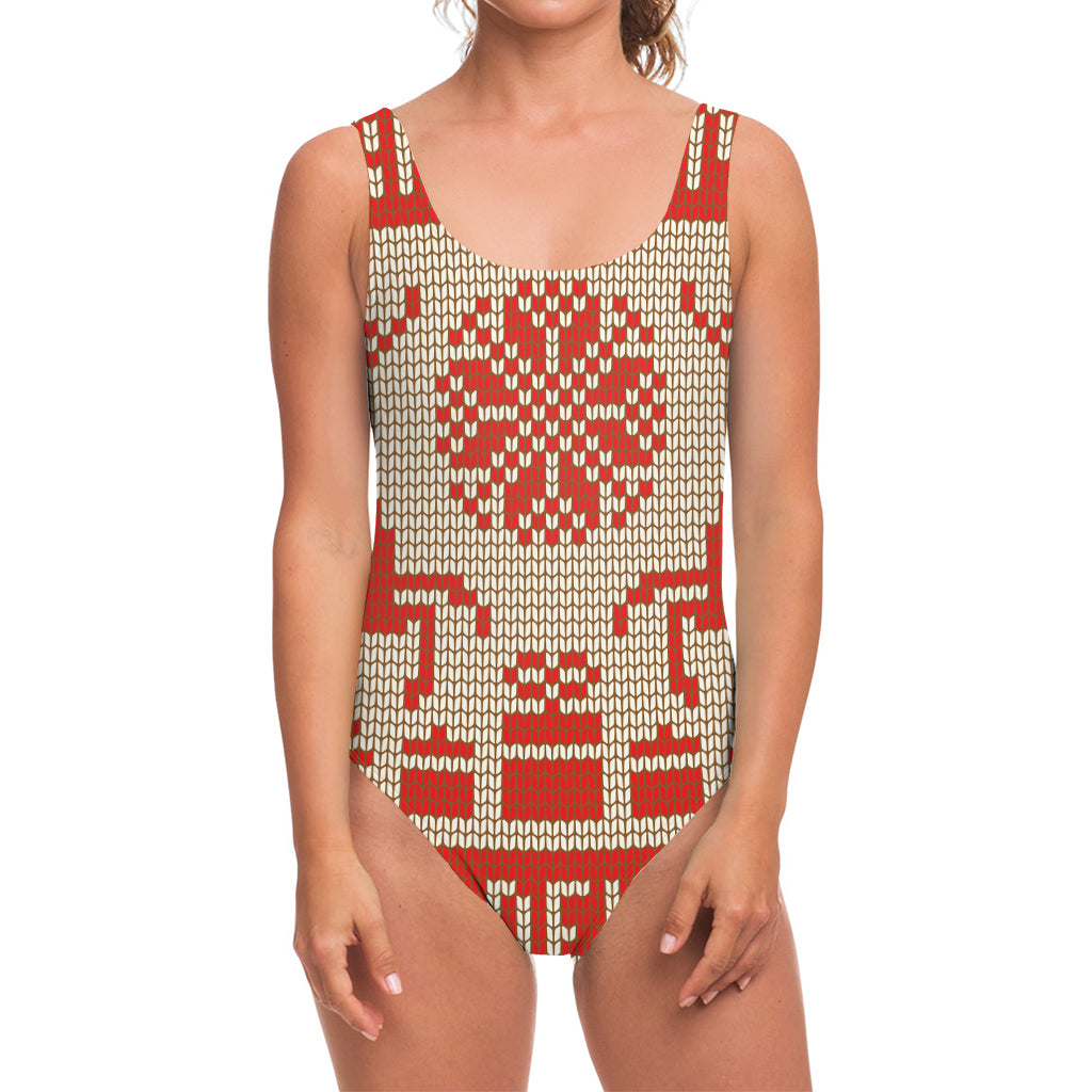 Xmas Deer Knitted Print One Piece Swimsuit