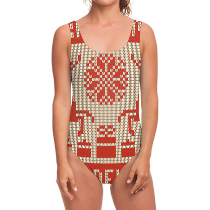 Xmas Deer Knitted Print One Piece Swimsuit