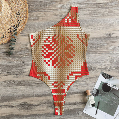 Xmas Deer Knitted Print One Shoulder Bodysuit