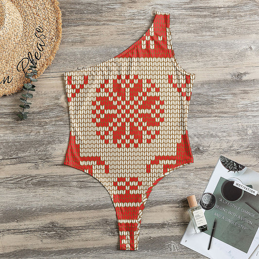 Xmas Deer Knitted Print One Shoulder Bodysuit