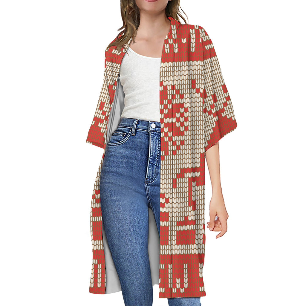 Xmas Deer Knitted Print Open Front Beach Cover Up