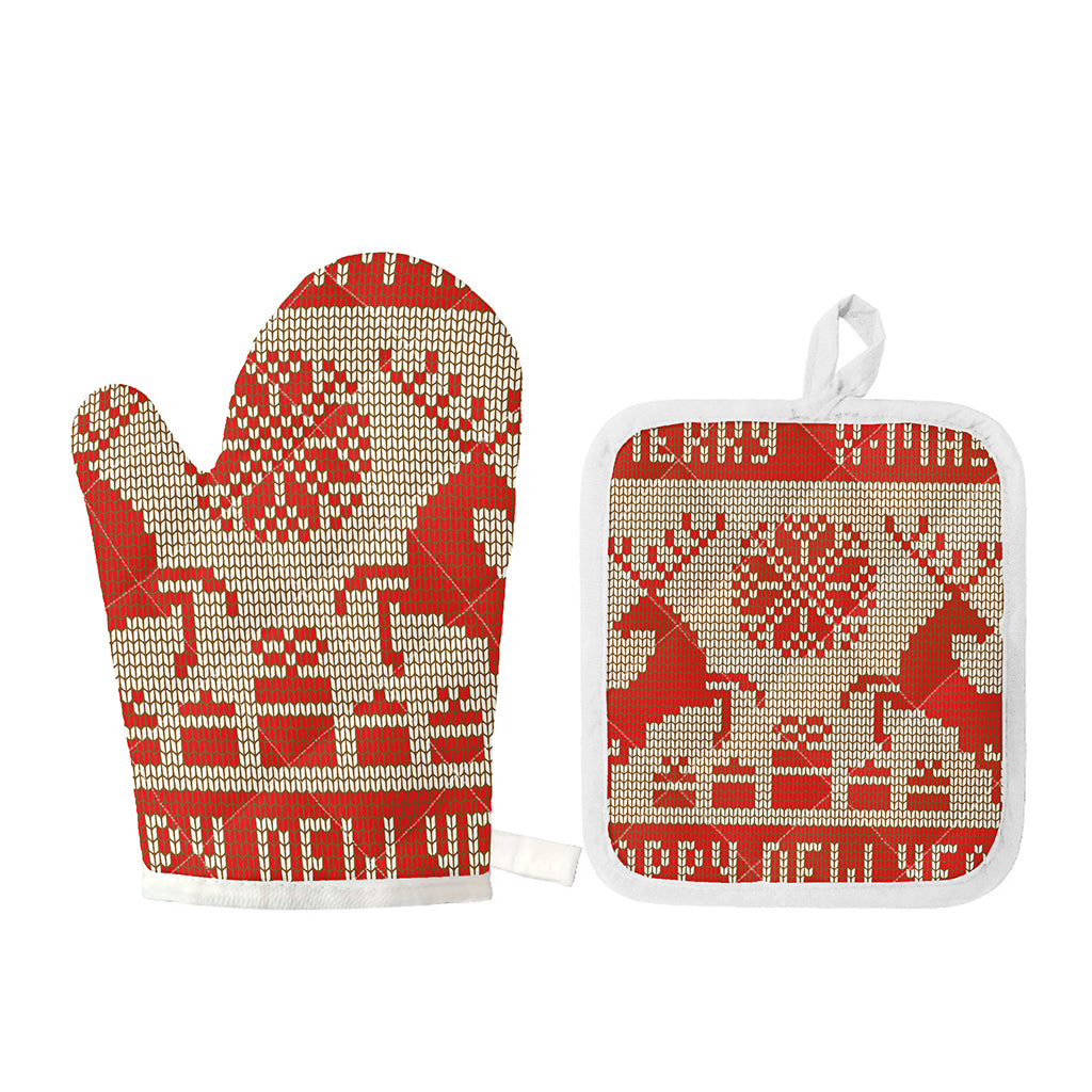 Xmas Deer Knitted Print Oven Mitt And Pot Holder Set