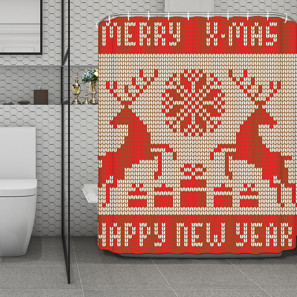 Xmas Deer Knitted Print Polyester Shower Curtain