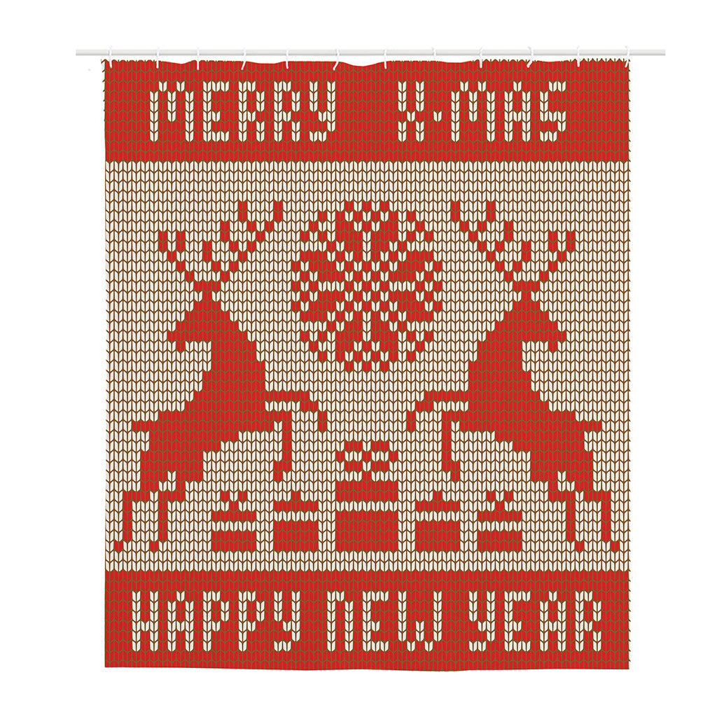Xmas Deer Knitted Print Polyester Shower Curtain