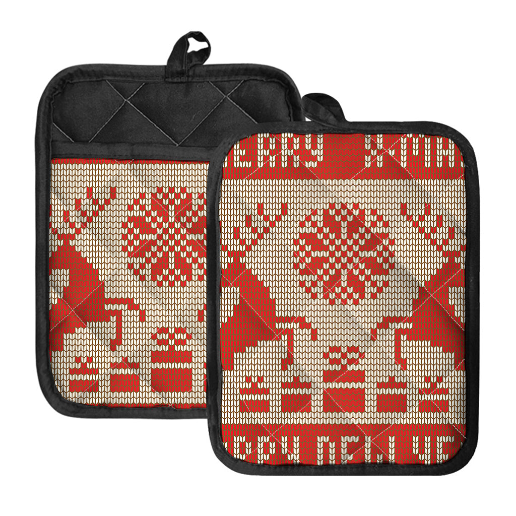 Xmas Deer Knitted Print Pot Holders With Pocket