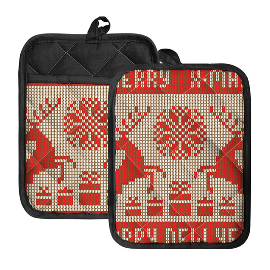 Xmas Deer Knitted Print Pot Holders With Pocket