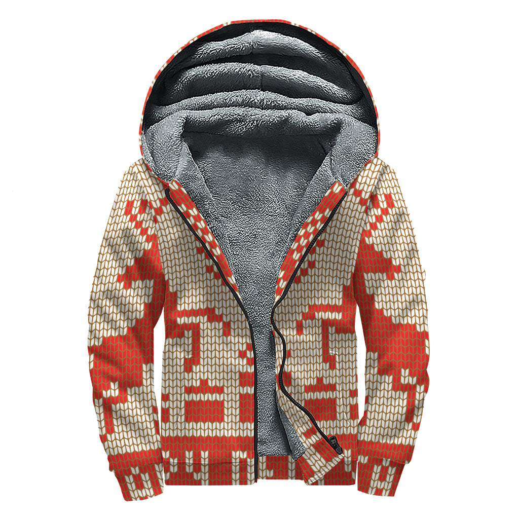 Xmas Deer Knitted Print Sherpa Lined Zip Up Hoodie