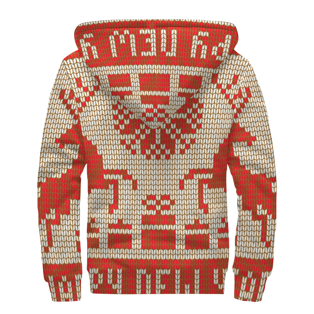 Xmas Deer Knitted Print Sherpa Lined Zip Up Hoodie