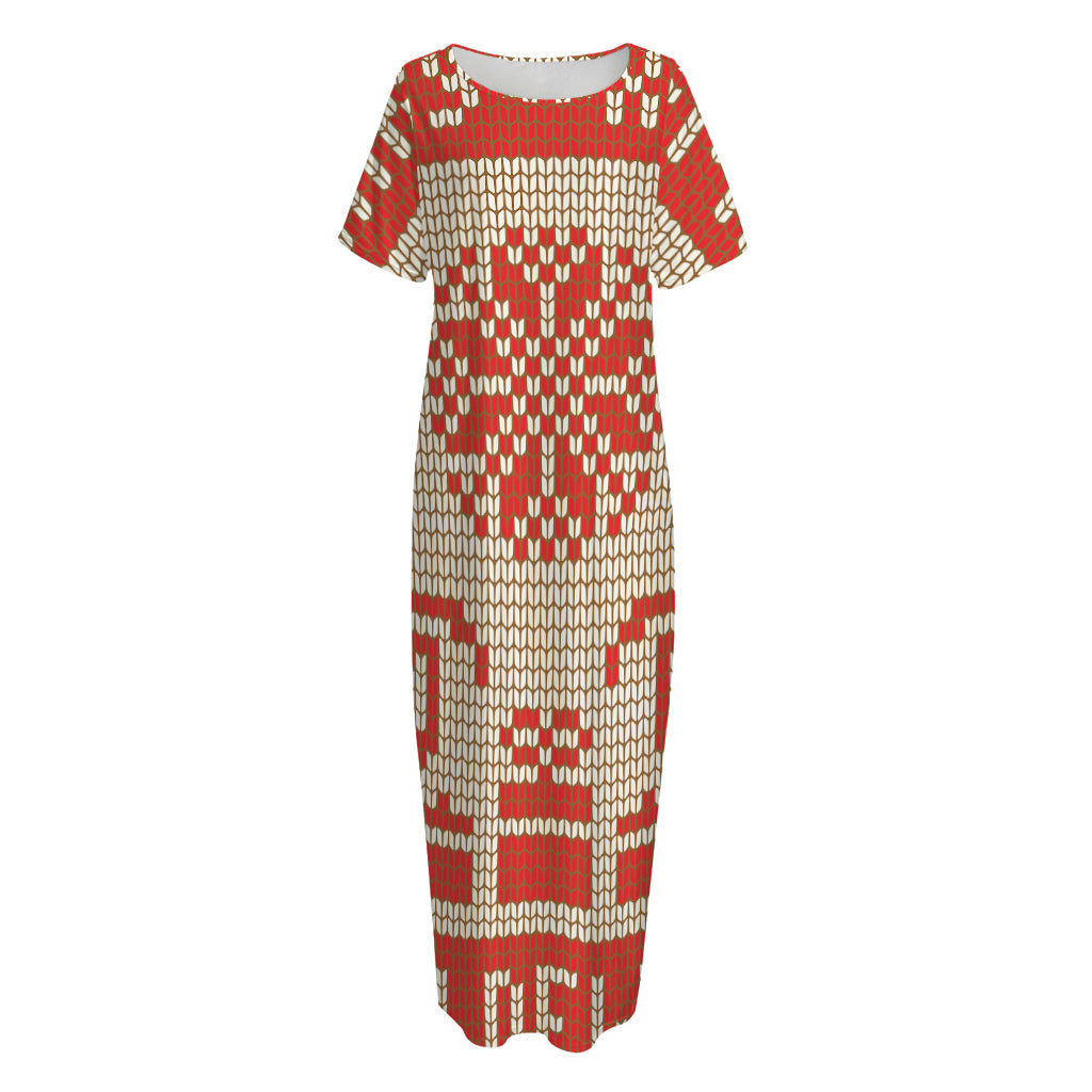 Xmas Deer Knitted Print Short Sleeve Long Nightdress