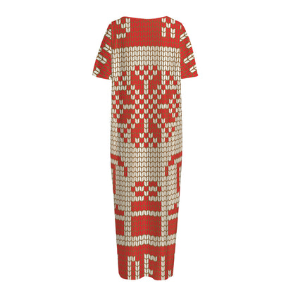Xmas Deer Knitted Print Short Sleeve Long Nightdress